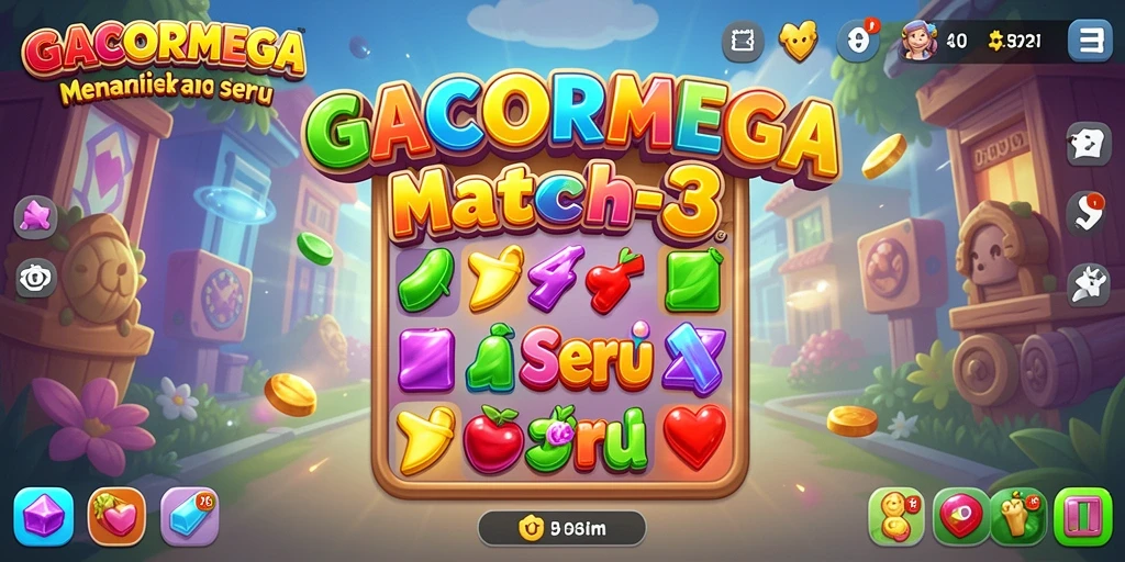 Screenshot utama GACORMEGA menampilkan gameplay Match-3 yang mengasyikkan.