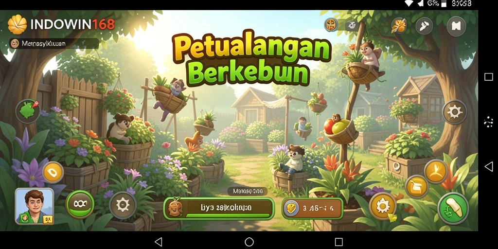 Screenshot gameplay INDOWIN168 menampilkan kebun yang hijau dan penuh aktivitas.